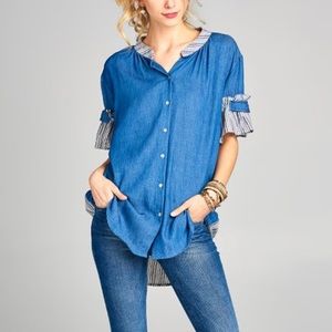 Denim blue and striped bell sleeve top